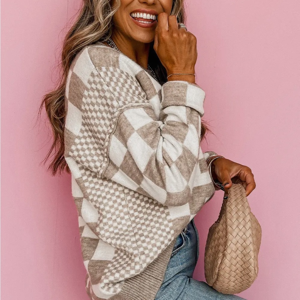 Cozy Cream & Tan Checker Knit Crew Neck Sweater